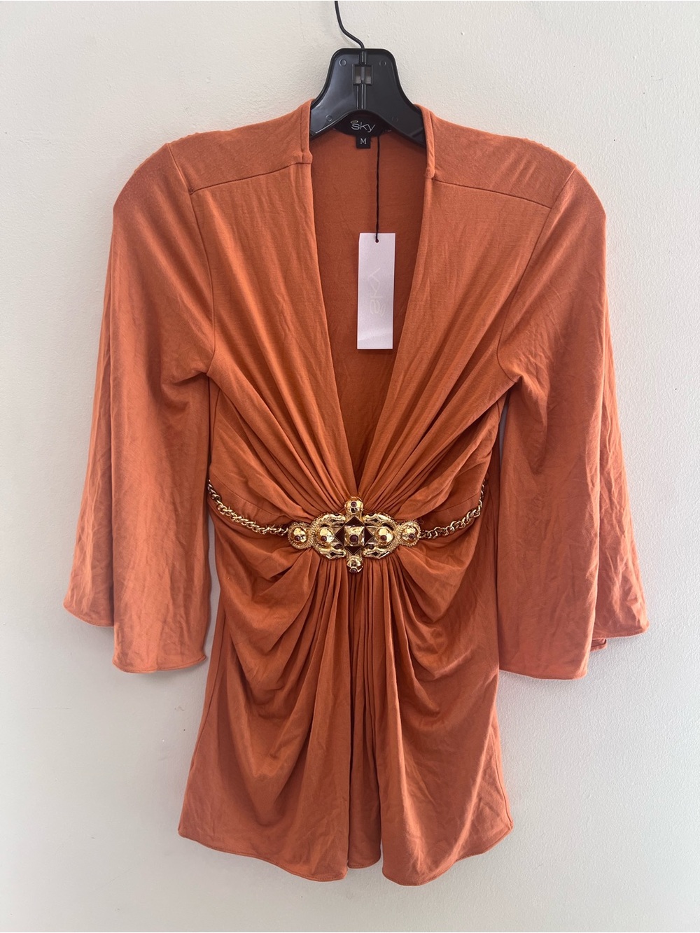Sky Rust Orange Draped Tunic with Gold Chain Medallion - Picture 2 of 7